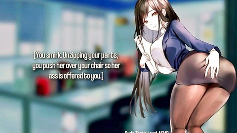 Hentai secretary bent over chair with skirt up offering pantyhose-clad ass for fucking