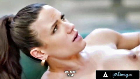 Brunette with ponytail topless moans 'Oh fuck God' lying back ecstatically