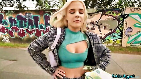 Ellie Shou poses sexy outdoors in teal crop top and skirt, Public Agent pickup tease