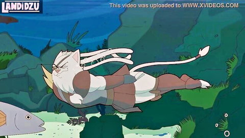 Anime LoL cat warrior with tentacles in skimpy armor underwater pose