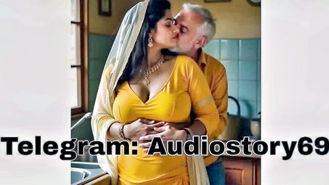 Curvy Indian wife in yellow saree kisses older man passionately