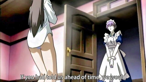 Anime brunette bends over flashing pink panty-clad ass to purple-haired maid