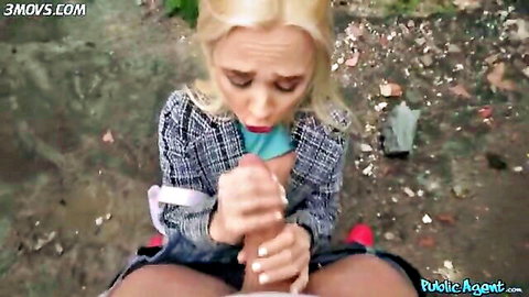 POV blonde babe in skirt strokes hard cock outdoors in public park