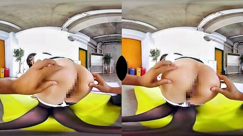 Asian big ass babe spreading cheeks in VR POV, black stockings