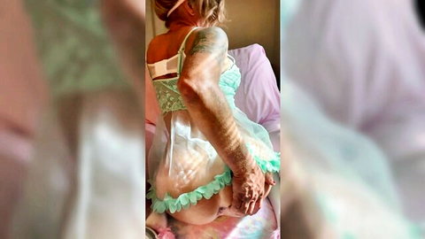 Riley in sheer green lingerie, teasing big ass from behind