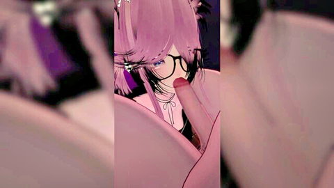 Anime girl with purple hair and glasses giving blowjob closeup