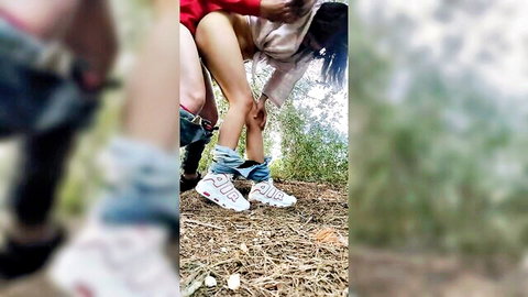 Amateur girl creampied in woods, outdoor doggy style sex