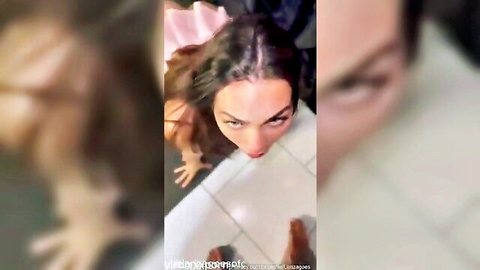 POV closeup of sexy brunette maid in pink outfit with mouth wide open and tongue out for cum in mouth blowjob
