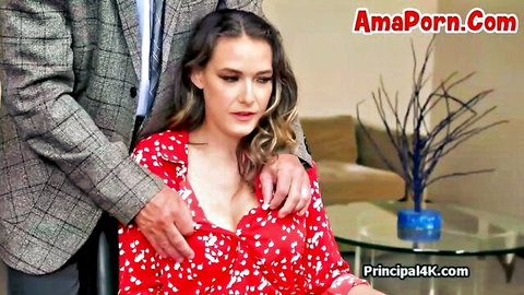 Big tit cougar in red dress embraced by head teacher touching her cleavage