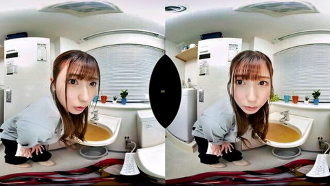 Japanese woman squatting playfully in bathroom VR POV
