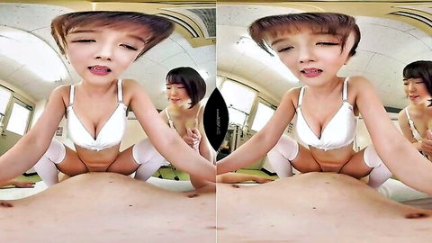 Two hot Asian teens in white bras and socks VR POV threesome