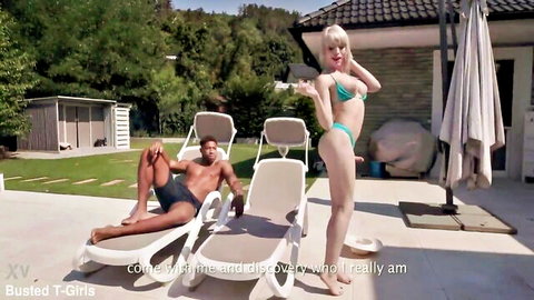 Izzy Wilde in turquoise bikini teases by pool with muscular black man