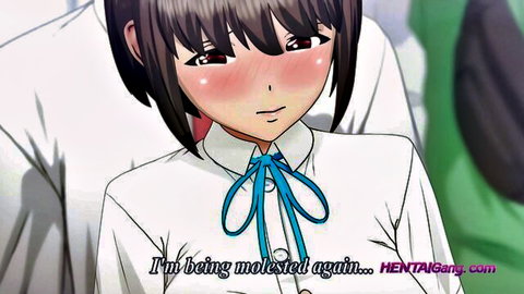 Blushing anime schoolgirl in uniform being molested on train
