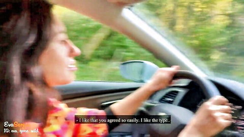 Nympho girl smiling while driving convertible, picking up stranger for hot outdoor POV fuck