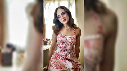 Katie Lenore in pink floral dress, seductive tease for mommy kink video