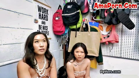 Two Asian women in locker room, pearl necklaces, upper class thieves tease