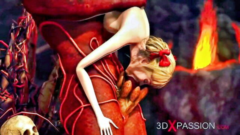3DXPassion 3D blonde with bow in red tentacle embrace, fiery passion