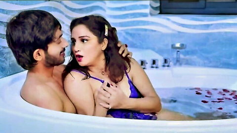 Indian couple intimate in bathtub, woman in purple lingerie, Sheela X web series