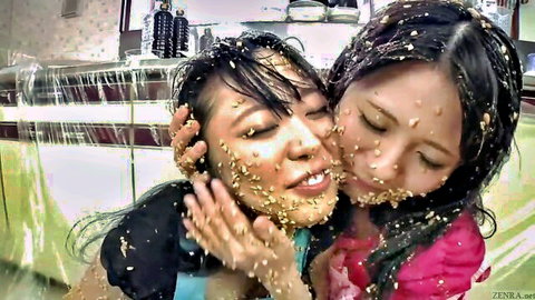 Japanese lesbians in extreme natto sploshing, wet messy kiss embrace