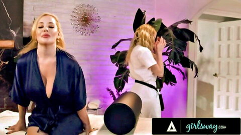 Savannah Bond in robe gets pussy massage from Scarlett Sage lesbian scene