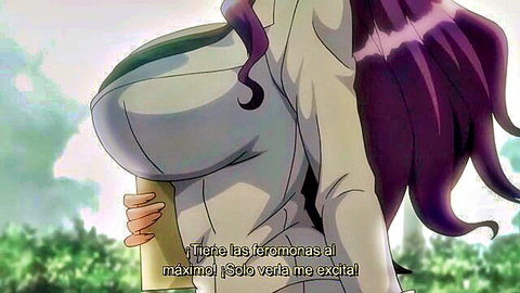 Busty purple-haired hentai babe with massive overflowing tits in tight white top teasing intensely