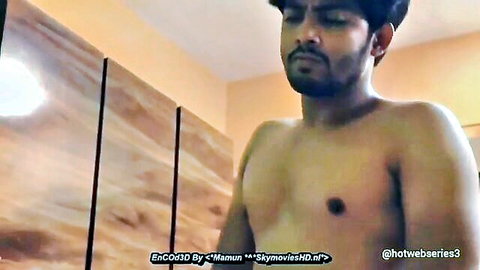 Shirtless handsome Indian man posing seductively in Sapna Bhabi scene