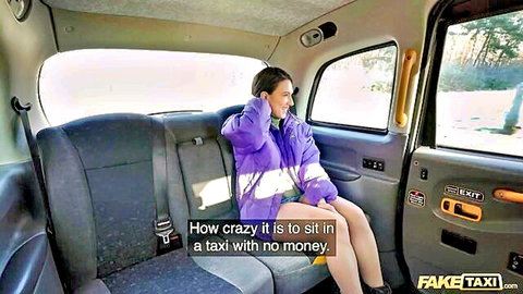 Brunette in purple jacket and short skirt sits in taxi, no money for ride