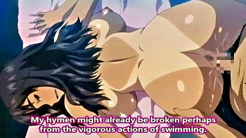 Hentai anime girl with black hair lying exposed, hymen broken from swimming