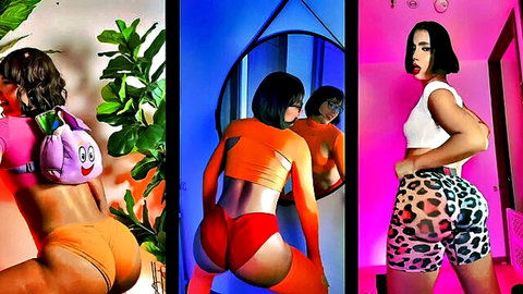 Curvy brunette in colorful crop tops and shorts posing seductively, big ass focus