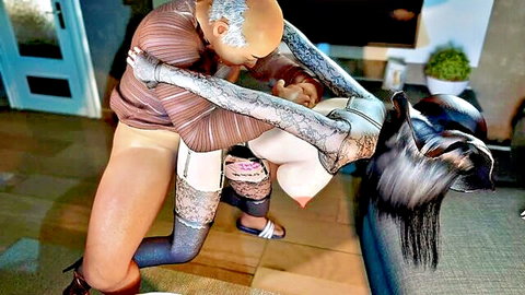 3D NTR scene: Old bald man lifts curvy woman in black lace lingerie and stockings