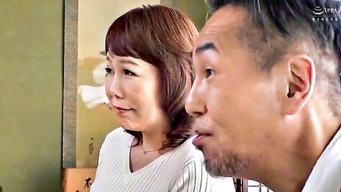 Japanese mother-in-law with big breasts in intimate close-up with son-in-law