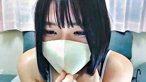 Asian webcam girl with white mask teasing close-up solo
