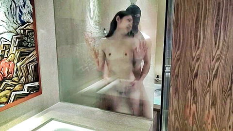 Yumi-chan nude in steamy hotel shower with lover hugging from behind