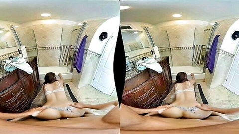 E-girl in white lace bra and thong spreads ass up legs wide showing pussy cameltoe in bathroom VR