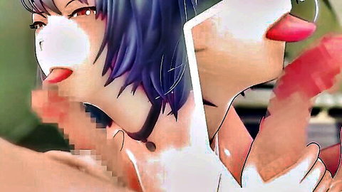 Purple-haired anime babe licking and sucking thick cock with tongue out in sloppy blowjob