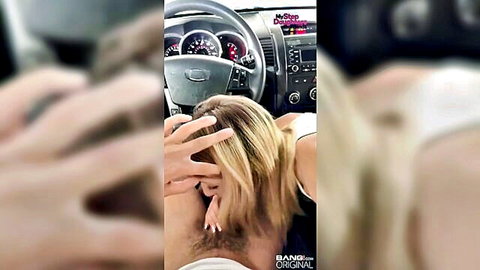 Emma Bugg blonde teen in car, hands gripping her hair seductively