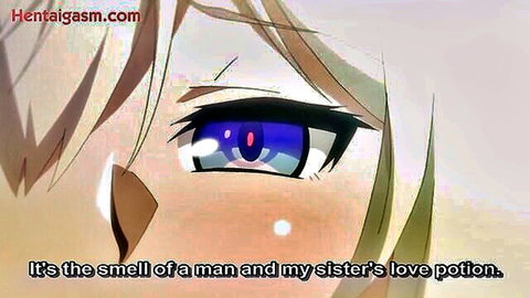 Blonde anime hentai girl with purple eyes in love potion scene