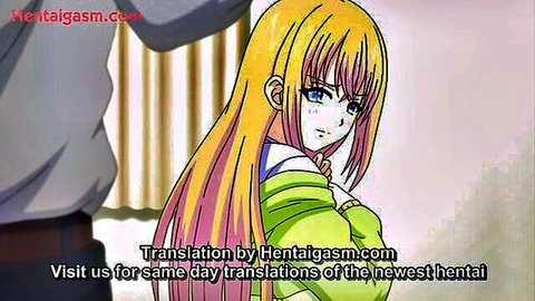 Blonde hentai anime girl with long pink-tipped hair in green jacket looking back teasingly