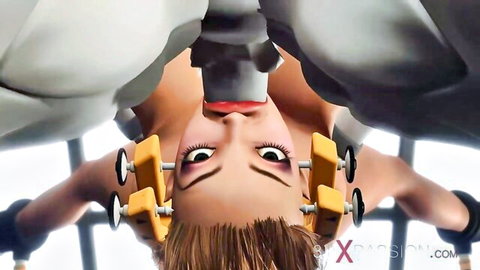 3D animated BDSM: restrained orange-haired woman upside-down with mouth device