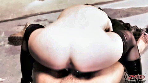 Pale big ass babe in black stockings fucked doggy style from behind