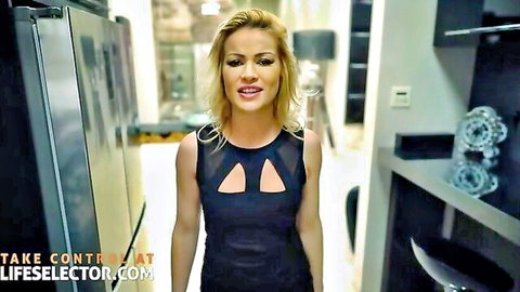 Blonde curvy woman in revealing black dress pouting seductively