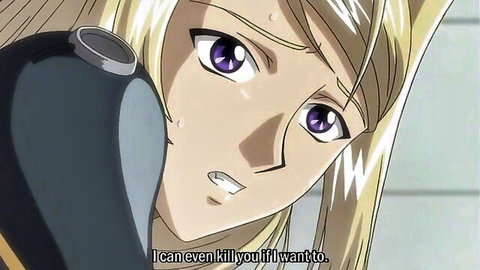 Blonde anime girl in sci-fi armor holding weapon, intense expression