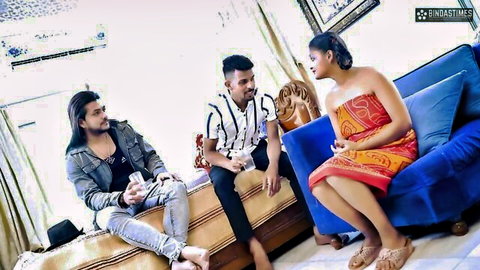 Indian MILF maid in orange dress chatting with two house owners, gangbang preview