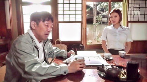 Mitsumi An with stepfather sharing tea in JAV countryside scene