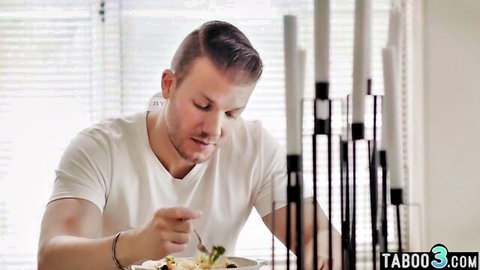 Muscular son-in-law eating dinner in white tee, Asian MILF care scene