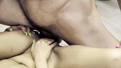 Slim girl with neon green nails grips thick cock guiding it to shaved pussy