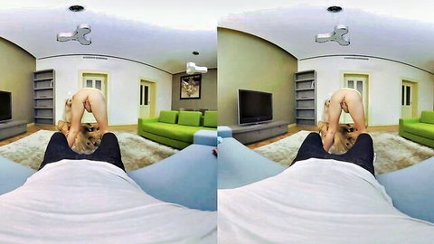 Blonde in stockings squats reverse cowgirl exposing shaved pussy and ass over cock in VR POV