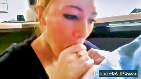 Blonde babe sucking thick cock with ringed fingers in office blowjob