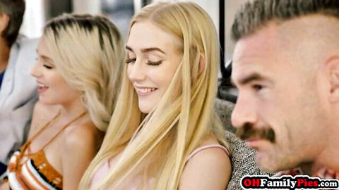 Petite blonde teens smiling with man in swap threesome tease