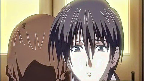 Hentai anime couple: girl with brown hair embraces surprised black-haired guy